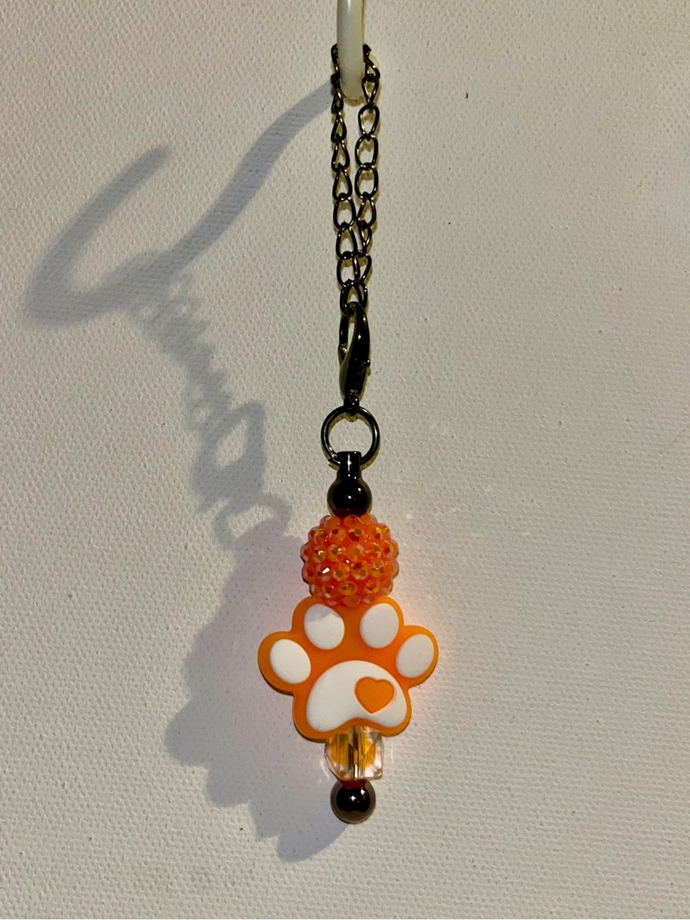 Orange & White Paw Cup Charm w/Iridescent Orange Pavé Bead & Clear Faceted Bead